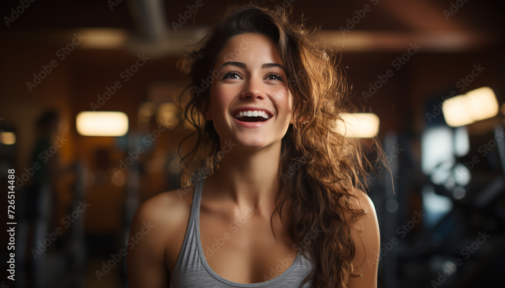 Wall mural young woman, smiling, indoors, exercising, healthy lifestyle, confident, beautiful, standing, lookin