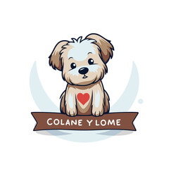 Cute cartoon dog with a heart and ribbon. Vector illustration.