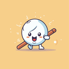 Cute cartoon snowball character with baseball bat. Vector illustration.