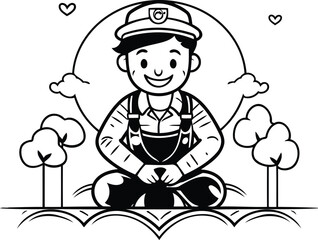 cute policeman with hat and uniform in the field vector illustration design