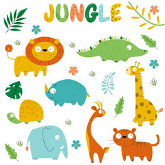 Naklejka premium vector set of funny jungle wildlife elements with animals and plants for kids
