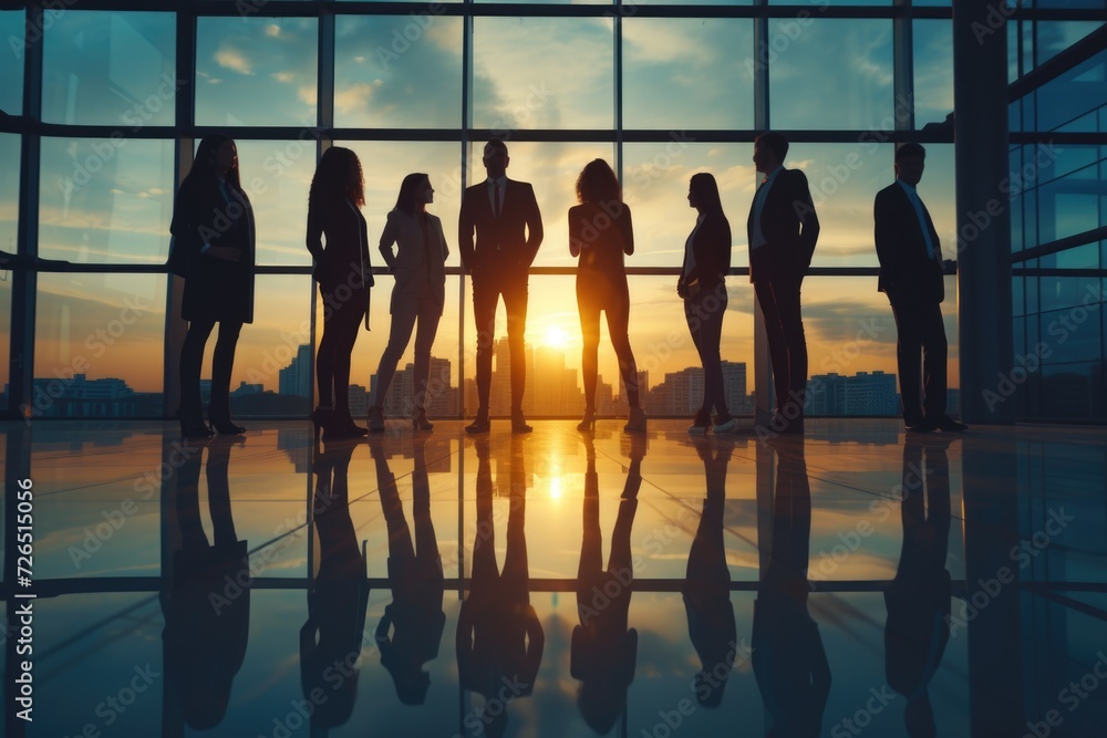 Poster A group of people standing in front of a window. This image can be used to depict various scenarios involving people gathering or observing something through a window