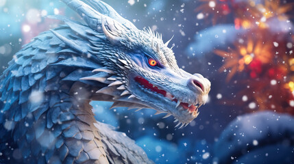 Banner with blue serious dragon with bokeh winter snow forest background. Chinese New Year decoration close up of dancing dragon on festive background