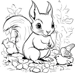 Squirrel with a chick. Vector illustration. Black and white.