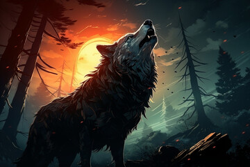 Howling wolf in the moonlight