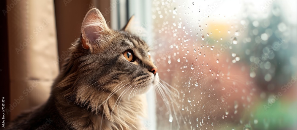 Canvas Prints Fluffy gray tabby pet cat looking out window.