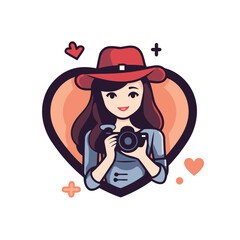Vector illustration of a woman in a hat with a camera in a heart shape