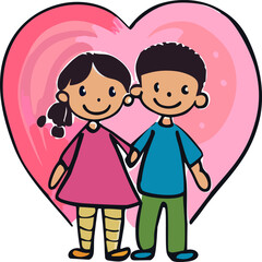 teen crush valentine's day love couple on pink heart cartoon kids style vector doodle illustration