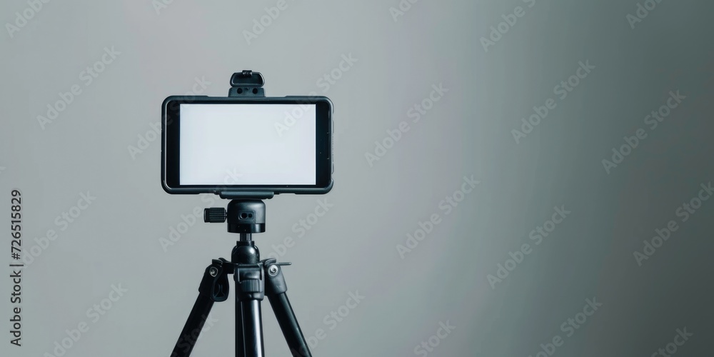 Poster a camera mounted on a tripod with a white screen. ideal for capturing professional videos or photos.