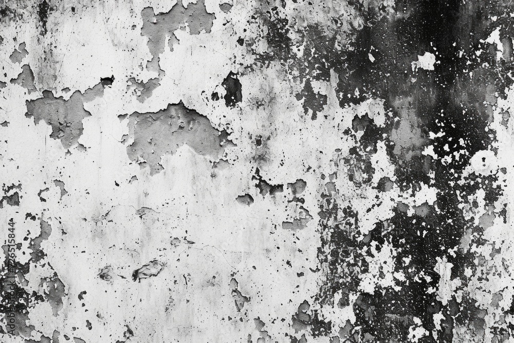 Poster A black and white photo capturing the texture and details of a wall with peeling paint. Perfect for adding an aged or rustic touch to design projects