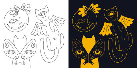 Fototapeta na wymiar Сute mystical cats with different wings. Two-color and black and white outline vector illustration.
