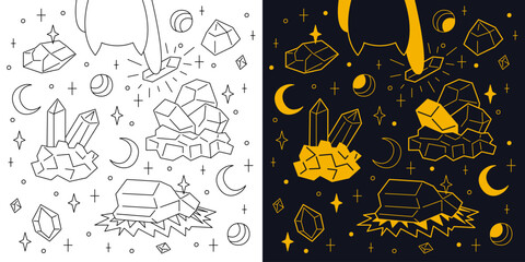 Mystical set of different stones. Two-color and black and white outline vector illustration.