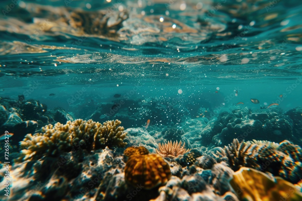 Poster An underwater view of a coral reef with various colorful fish. This image can be used to depict the beauty and diversity of marine life in coral reefs