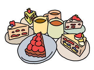 Sweet dessert cake with fruits for celebration birthday party or wedding, tasty breakfast. For cafe, restaurant menu print, postcard or poster. Hand drawn illustration. Cartoon style line art drawing.