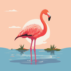 Pink flamingo on the lake. Vector illustration in flat style.