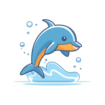 Cute cartoon dolphin jumping out of the water. Vector illustration.