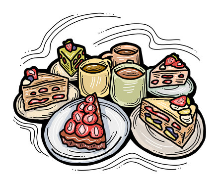 cakes and coffee cups, colorful doodle style clip art preview