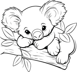 Coloring book for children: Koala sitting on a branch with leaves