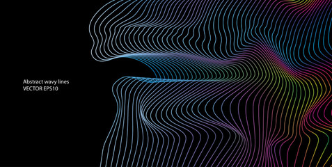 Vector wavy lines pattern smooth curve flowing dynamic blue-green gradient light isolated on black background for concept of technology, digital.