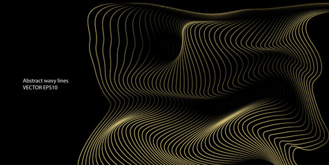 3D Vector wave lines pattern smooth curve flowing dynamic gold gradient light isolated on black background for concept of luxury, technology