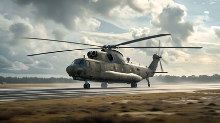 Military helicopter landing on airstrip with dramatic clouds. detailed and realistic modern aviation. designed for editorial use. AI - obrazy, fototapety, plakaty