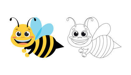 Cute bee isolated on white background. Colorful and black and white cartoon bee for coloring book. Coloring book for children. Vector stock