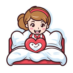 Cute little girl lying on bed and holding red heart. Vector illustration.