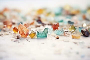 close-up of differently colored raw gems and minerals