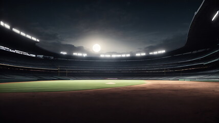 American Football League stadium, illuminated field side view at night.