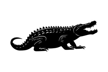 Obraz premium Black silhouette of alligator. Isolated crocodile image on white background. Animal of North America. Vector illustration isolated 