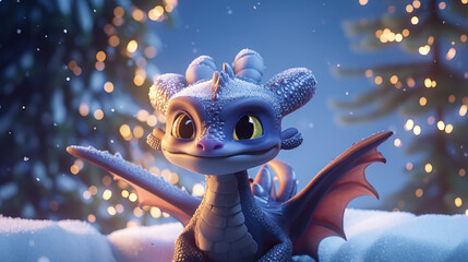 Banner with blue cute little dragon with bokeh winter snow forest background. Chinese New Year decoration close up of dancing dragon on festive background