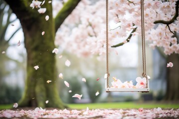 swing hanging from a magnolia tree, petals scattered below