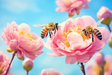 bees gathering nectar from blooming pink roses - obrazy, fototapety, plakaty