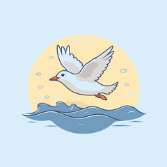 Seagull flying in the sea. Vector illustration in flat style