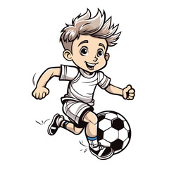 Cartoon soccer player running and kicking the ball. Vector illustration.