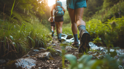 People engaged in outdoor activities like hiking or trail running - obrazy, fototapety, plakaty