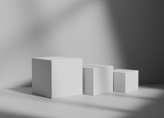 White cube podium or platform for mockup for product display with shadows and light. Empty podiums. Mockup