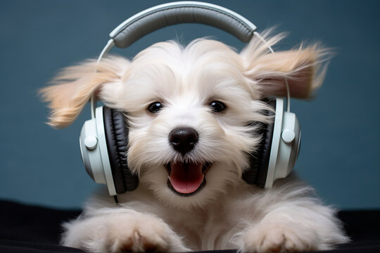 Photo image of a happy funny fluffy friend nice dog in headphones listening to music created with generative AI