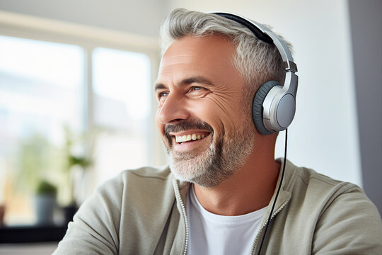 Photo image of a cheerful happy senior person pensioner feeling young listening upbeat music created with generative AI