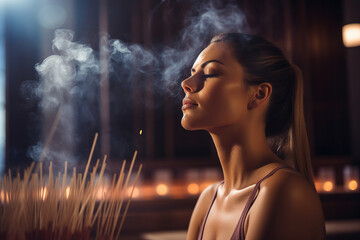 Generative AI picture of charming girl sitting floor in lotus pose among smoldering wooden incense aromatic sticks