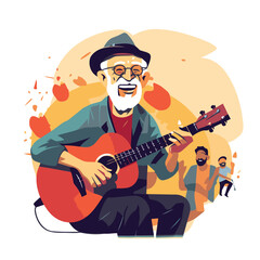 Elderly man playing guitar. Isolated flat vector illustration.