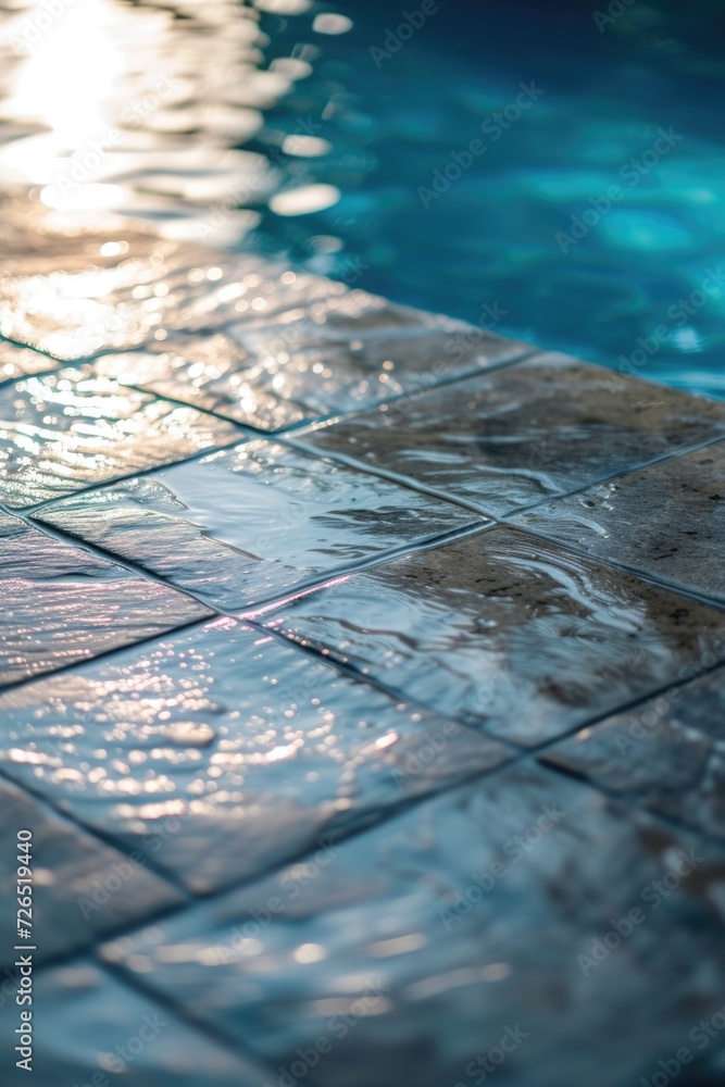 Poster A detailed view of a tiled floor adjacent to a pool. Ideal for showcasing poolside designs and architecture