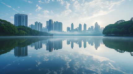 Fototapeta premium Reflection of a city in a tranquil lake