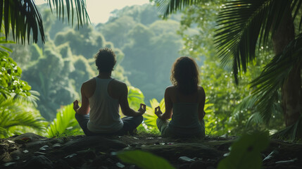 couple peacefully meditates together somewhere in the jungle, attending a retreat