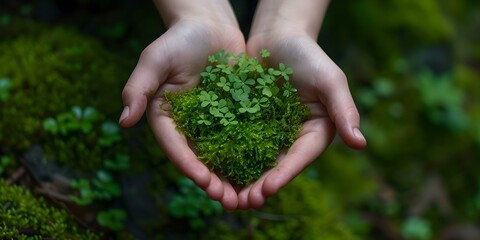 Naklejka na ściany i meble Hands gently holding vibrant green moss in the forest. symbolic gesture of environmental care. nature and sustainability emphasized. AI