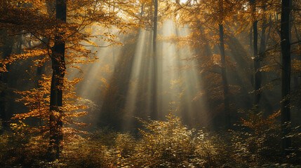 Unbeams filtering through the branches of an autumn forest