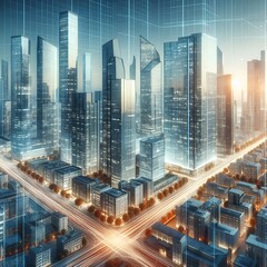 Obraz premium Night cityscape with high-rise buildings and road. 3d rendering. Modern skyscrapers illuminate night city vanishing into dark