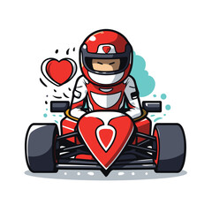 Cartoon kart driver with heart on race track. Vector illustration