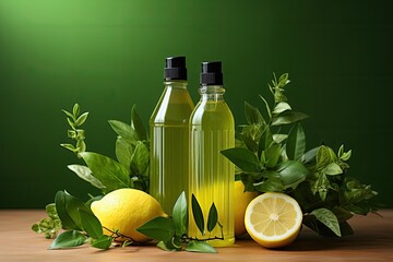 Tasty cool beverage with lemon and thyme, on green background. Health care, fitness, healthy nutrition diet concept. Cocktail, detox drink, lemonade in a glass jar.