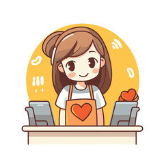Cute little girl in apron sitting at table with laptop and holding heart in her hand.